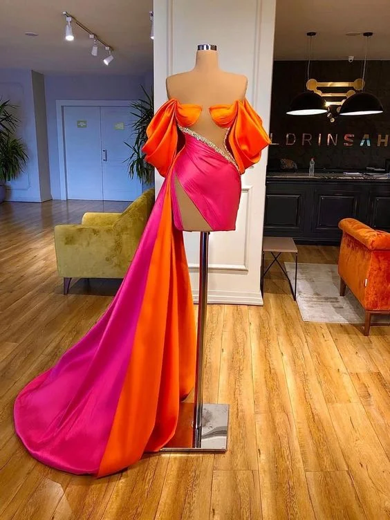 Jacquard Reception Evening Dress -mermaid prom dresses short off the shoulder beaded elegant simple satin formal prom gown C2392