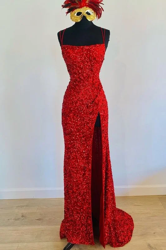 Fresh Evening Dress -Mermaid Red Sequin Long Prom Dress with Slit C2294