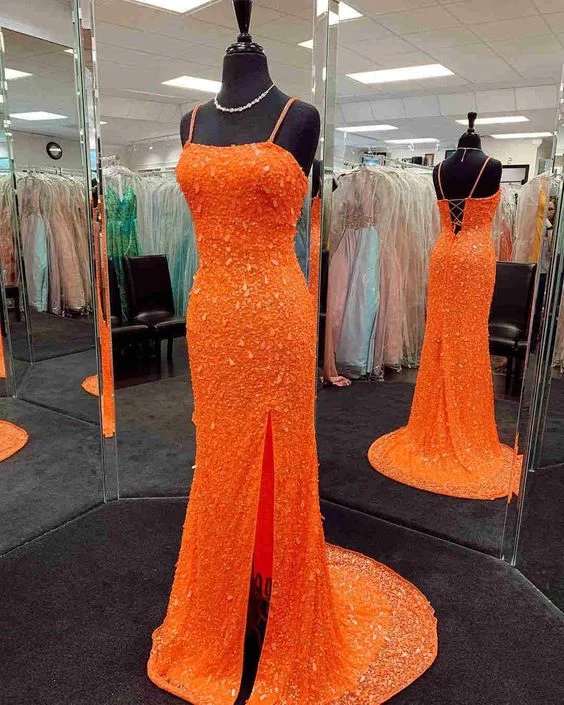 Shine Evening Dress -Mermaid Sequined Orange Prom Dress with Slit C2016