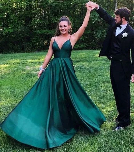 Teal Bare Back Warm Evening Dress -Spaghetti Straps Green Prom Dresses C1657