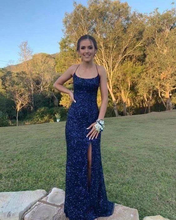 Fringe Supper Evening Dress -Navy Blue Sequin Long Prom Dresses Mermaid Cross Back Evening Party Dresses C2261