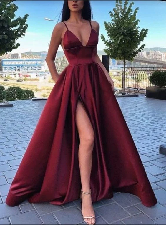 Adolescent Evening Dress -New Designer V-neck A-line Prom Dresses - Burgundy C2018