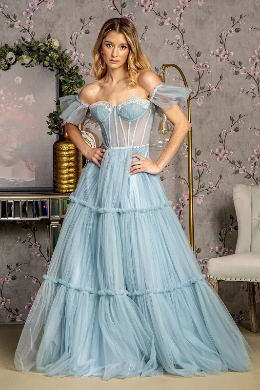 Discount Evening Dress -Off Shoulder Sheer Corset Tiered Gown by GLS Gloria GL3453