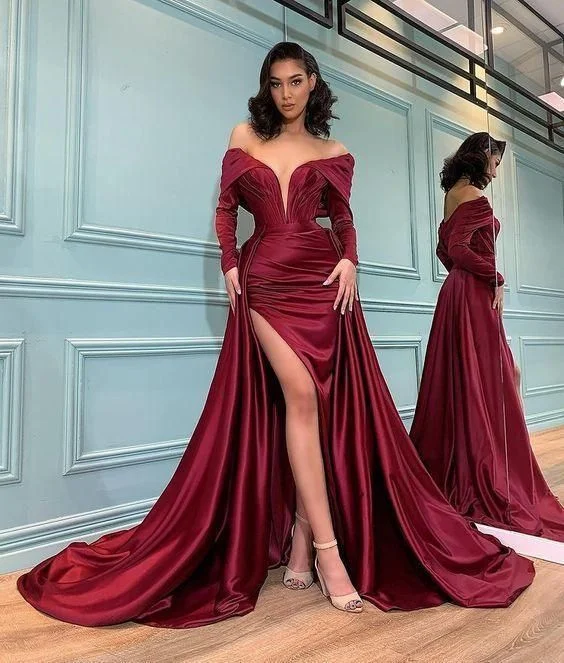 Cool Pearl Evening Dress -Off the shoulder deep v neck satin long prom dress, mermaid prom dress C1952