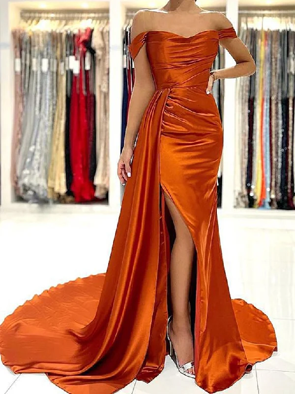 Glitz Evening Dress -Off the Shoulder Orange Satin Prom Dresses, Orange Off Shoulder Satin Formal Evening Dresses C1926