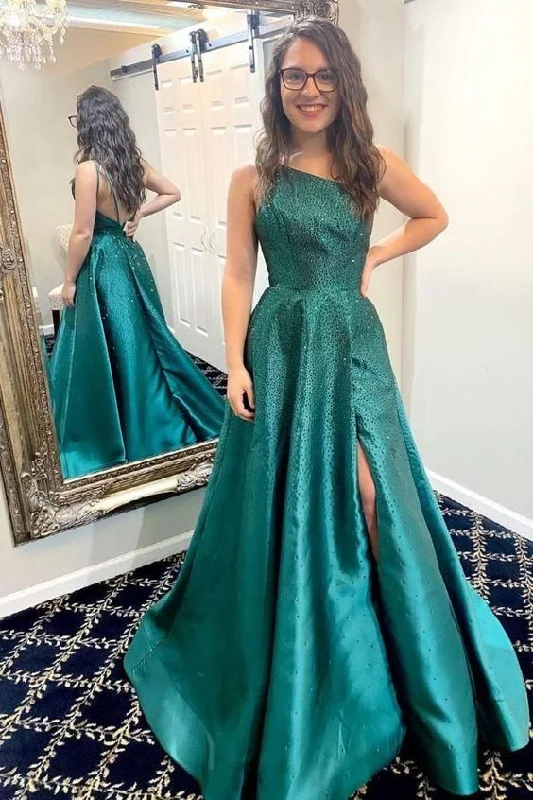 one shoulder green long formal prom dress with side slit C1513