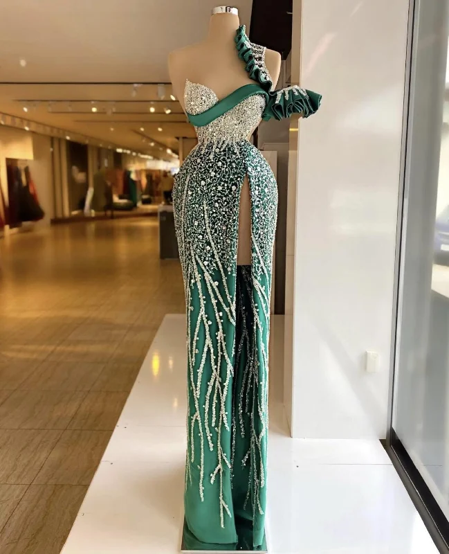 Saffron Off-Arm Evening Dress -One Shoulder Green Mermaid Evening Dresses Crystal Beaded High Side Split Formal Prom Gowns Custom Made Plus Size Pageant Wear Party Dress C2075