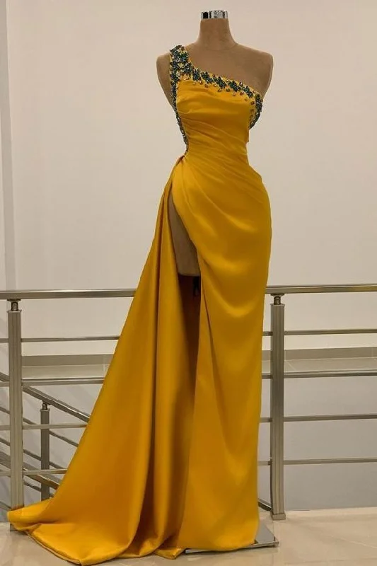 Bespoke Scarlet Evening Dress -One Shoulder Yellow Slit Prom Dress Long With Beads C2079