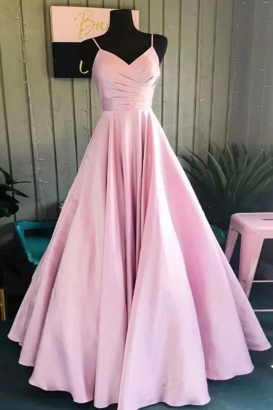 Pink Satin V-neckline Floor Length Straps Formal Dresses, Pink Long Party Dresses C1516