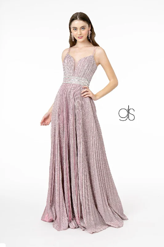 Golden Single-Sleeve Evening Dress -Pleated Long A-Line Metallic Glitter Dress by Elizabeth K GL2905