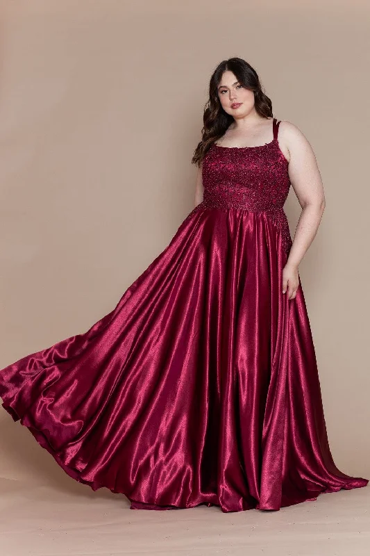 Single-Sleeve Banquet Evening Dress -Plus Size Embroidered Long Satin A-line Dress by Poly USA W1094