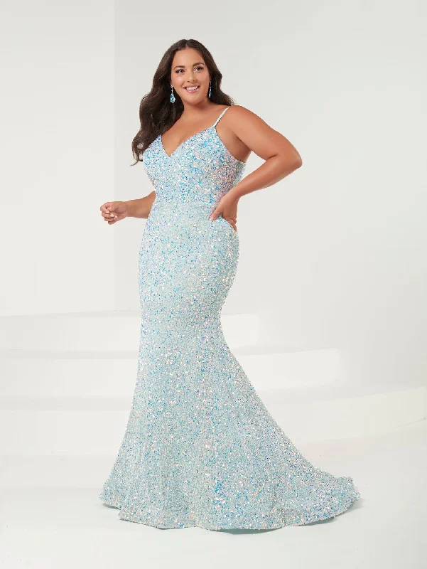 Saffron Boat Neck Soiree Evening Dress -Plus Size Fitted Sequin V-Neck Gown by Tiffany Designs 16956