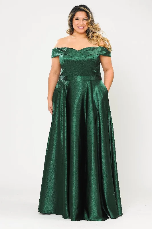 Sleek Evening Dress -Plus Size Long Off Shoulder Satin Dress by Poly USA W1058