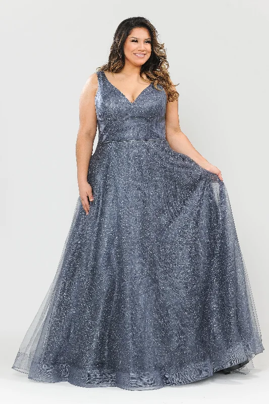 Splendid Debutante Evening Dress -Plus Size Long V-Neck Glitter Dress by Poly USA W1024