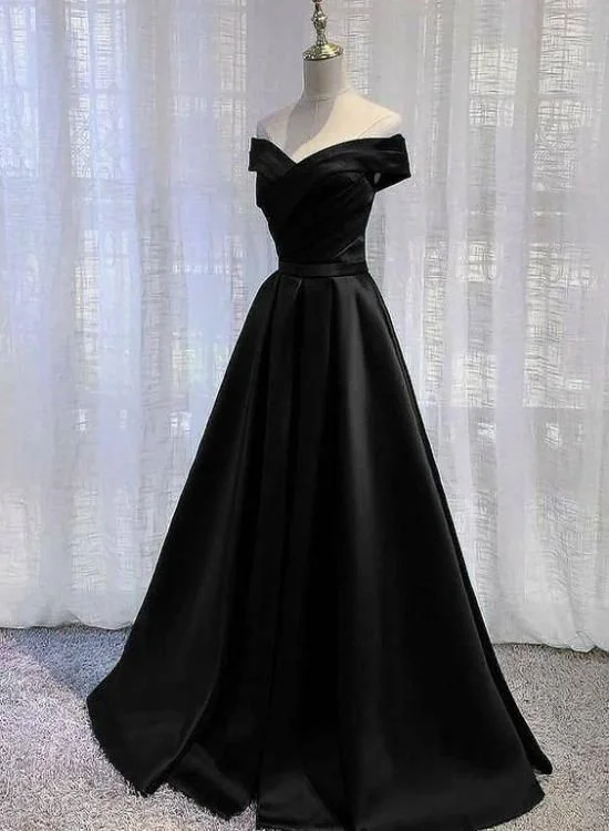 Sterling Banquet Evening Dress -Pretty Off Shoulder Black Satin A-Line Party Dress Formal Dress, Long Black Prom Dress C1672