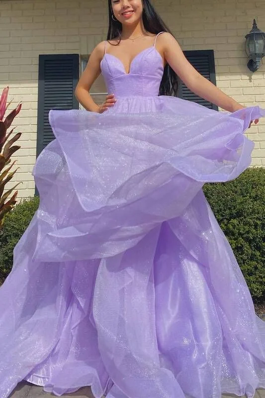 Netting Occasion Evening Dress -Princess Lavender Tiered Spaghetti Straps Long Prom Dress  C1497