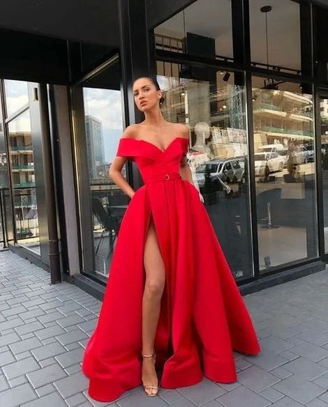 Princess Off The Shoulder Red Prom Dress A Line Formal Evening Gown With High Slit C1455