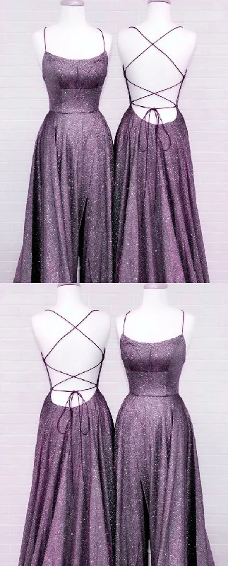 Reasonable Royal Evening Dress -Purple Glitter Prom Dresses Side Split Lace Up Back C2332