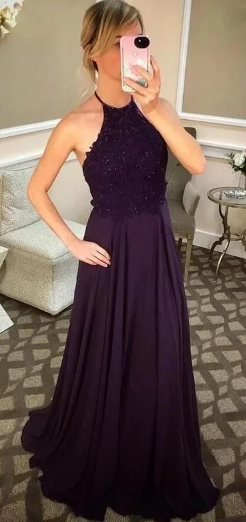 Flowing Evening Dress -purple halter lace chiffon prom dress ,party dress C377