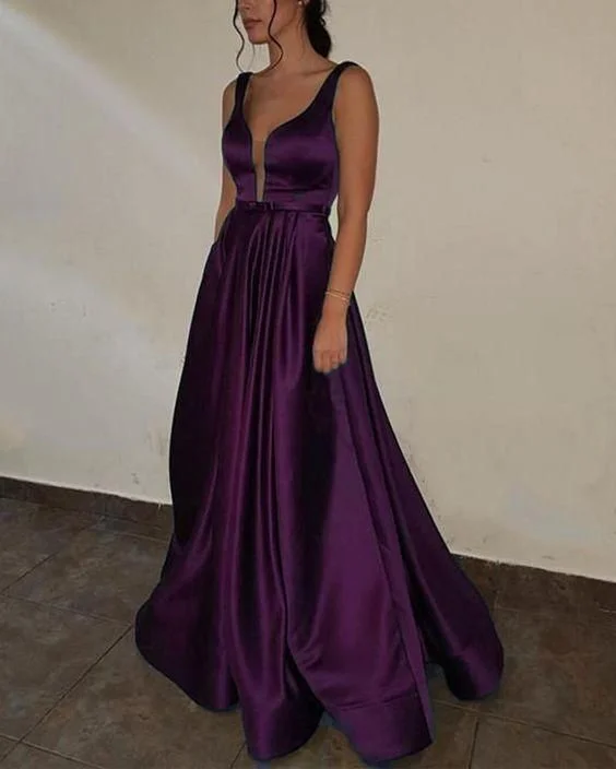 Cool Evening Dress -Purple Prom dress with Deep V Neck A Line Satin Formal Gown Long C376