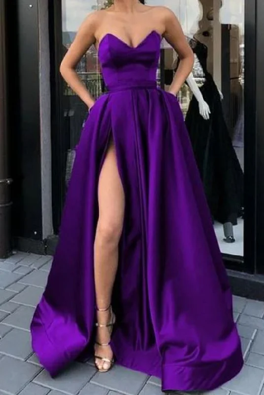 Single-Sleeve Evening Dress -purple satin strapless prom dresses with pockets C46