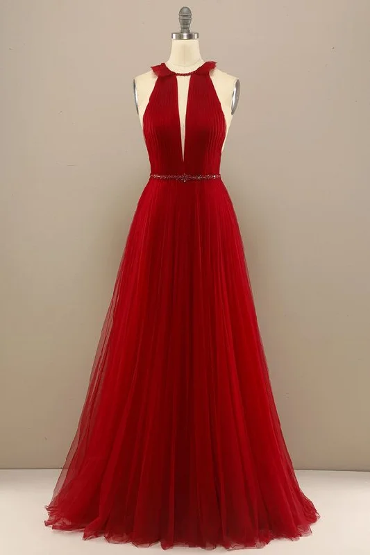 Obsidian Extravagant Evening Dress -Red Pleated Long Chiffon Prom Dress C1872