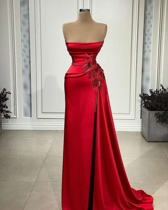 Flounce Obsidian Evening Dress -Red Satin Prom Dresses evening gowns C1303