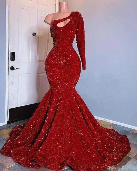 Opulent Pumpkin Evening Dress -Red Sequined Black Girls Mermaid Prom Dresses, Plus Size One Shoulder Long Sleeve Sequined Keyhole Prom Gowns  C1816