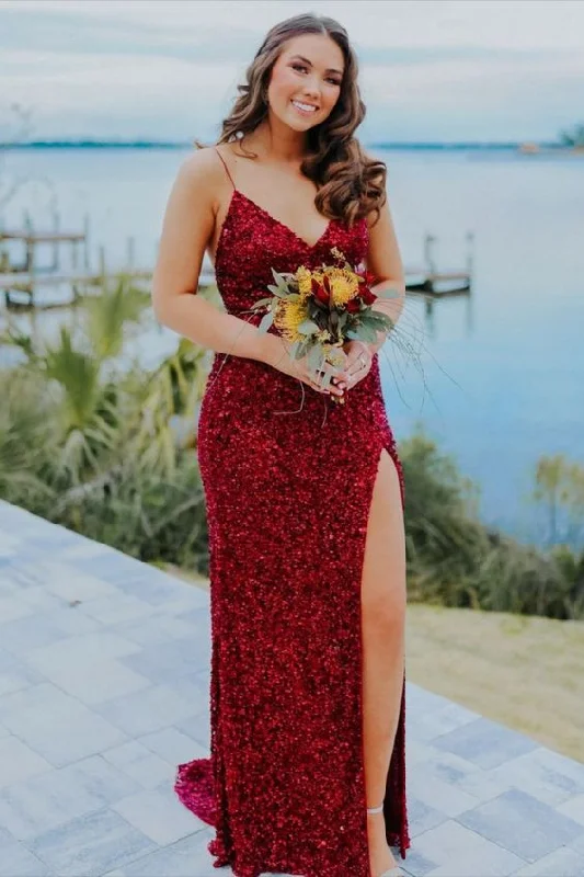 Ash Opulent Matrimonial Evening Dress -Red Sequins Prom Dress with Slit  C948