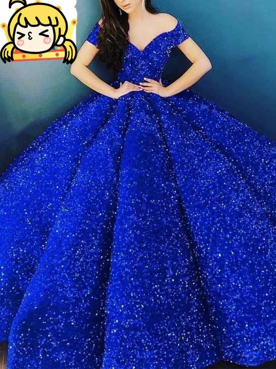 Extravagant Evening Dress -Royal Blue Ball Gown Off The Shoulder Prom Dress C2173