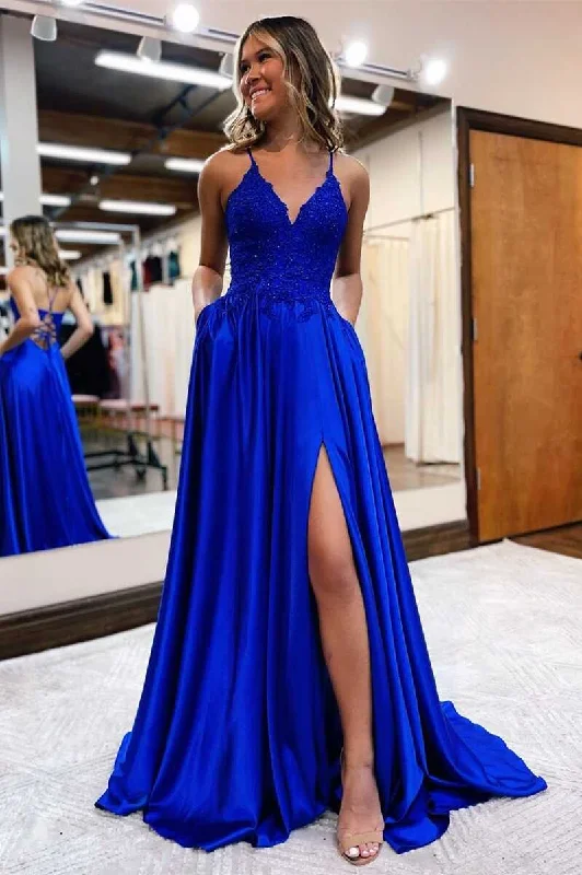 Saffron Debutante Evening Dress -Royal Blue Lace Lace-Up Long Prom Dress C2401