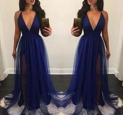 Teal Evening Dress -Royal Blue Long Prom Dresses Simple Sexy Deep V-Neck Side Split Formal Party Dress C905