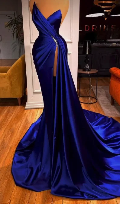 Extravagant Gossamer Evening Dress -Royal Blue Mermaid Prom Dress With High Split  C1263