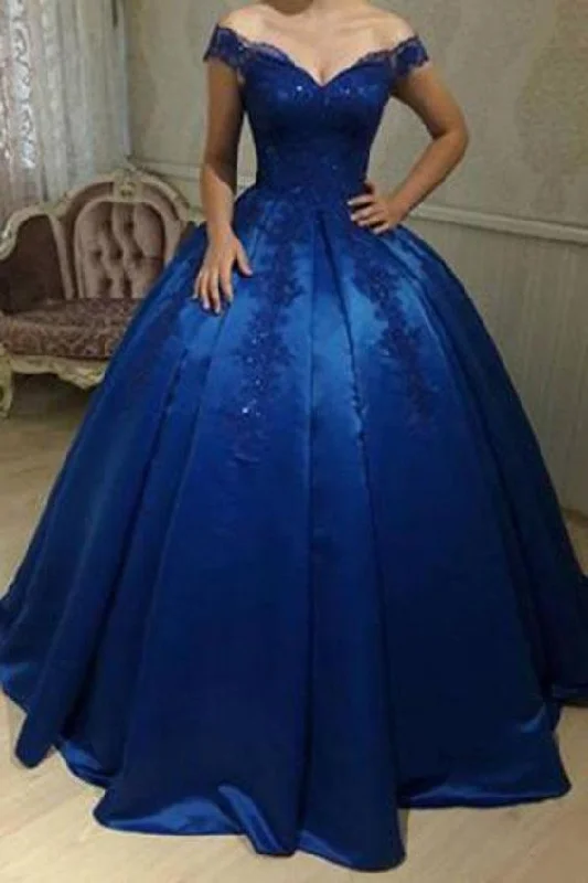 Reasonable Evening Dress -Royal Blue Off Shoulder Lace A line Long Prom Dresses C63