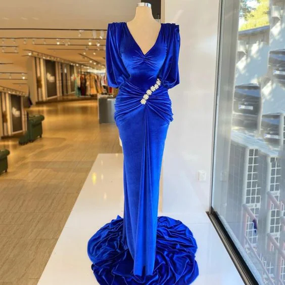 Sultry Evening Dress -Royal Blue Velvet Mermaid Prom Dress Long Puffy Sleeves V-Neck Evening Dress Pleats Beading Evening Gowns C1932