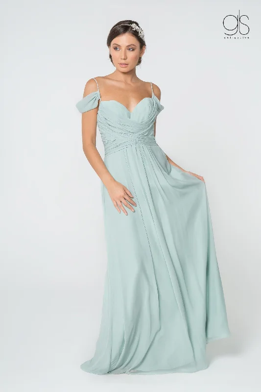 Sterling Sleek Premiere Evening Dress -Ruched Long A-line Cold Shoulder Dress by Elizabeth K GL2824