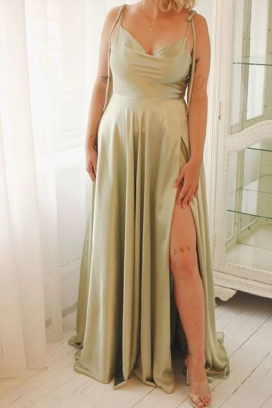 Pine Single-Sleeve Banquet Evening Dress -Sage Green Long Prom Dress C941