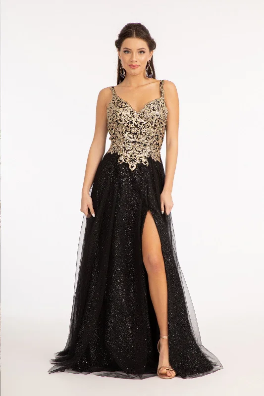 Tassled Debutante Evening Dress -Sequin Bodice A-line Slit Gown by Elizabeth K GL3020