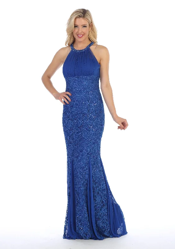 Royal Jacquard Evening Dress -Sequin Lace Long Halter Mermaid Dress by Celavie 8300