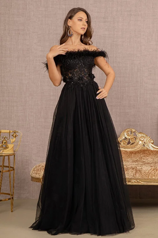 Full-Length Evening Dress -Off Shoulder Feather A-line Gown by GLS Gloria GL3138