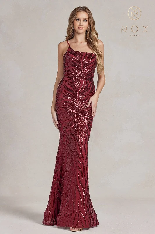 Bare Back Warm Evening Dress -Sequin Print One Shoulder Gown by Nox Anabel R1204