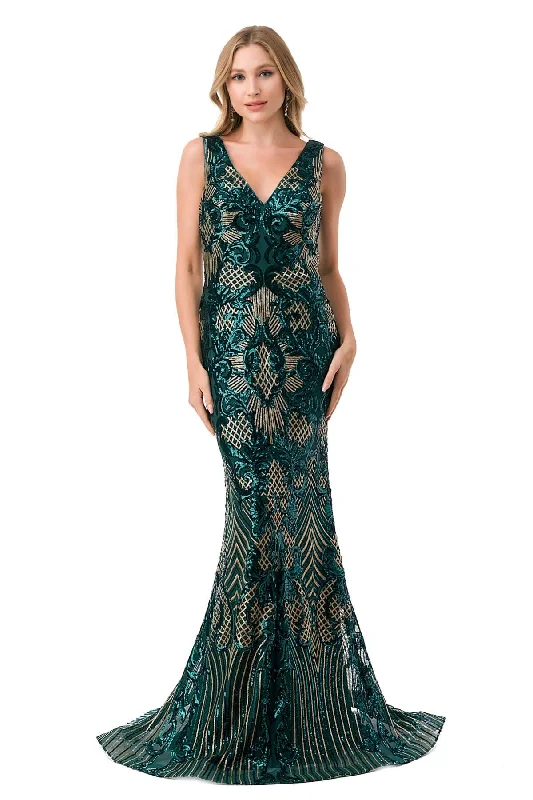 Linear Debutante Evening Dress -Sequin Print Sleeveless Mermaid Dress by Coya M2803Y