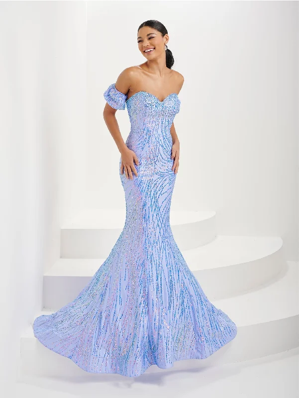 Current Saffron Evening Dress -Sequin Print Strapless Puff Sleeve Gown by Tiffany Designs 16071