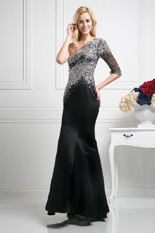 Obsidian Soiree Evening Dress -Sequined Asymmetric Trumpet Dress by Cinderella Divine 8789