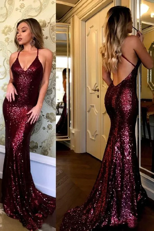 Fringe Evening Dress -Sequins Spaghetti Straps V-neck Burgundy Mermaid Prom Dresses  C168