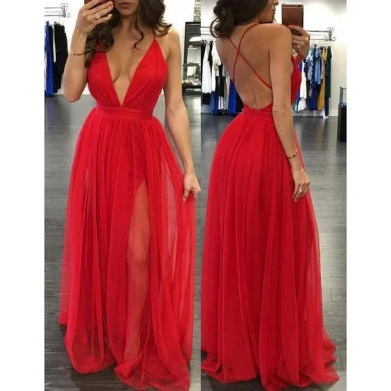 Brocade Evening Dress -sexy backless prom dress,red prom Dress,long prom dress,v-neck evening dress C228