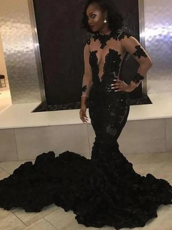 Uneven Reception Evening Dress -Sexy Black Mermaid See Through Long Train Long Sleeves Ruffles Prom Dresses C178