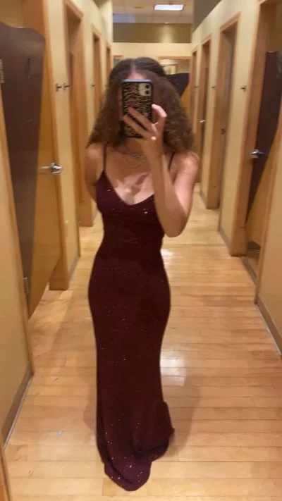 Poised Scarlet Evening Dress -Sexy Burgundy Spaghetti Straps Low Neck Prom Dresses with Cross Back C1794