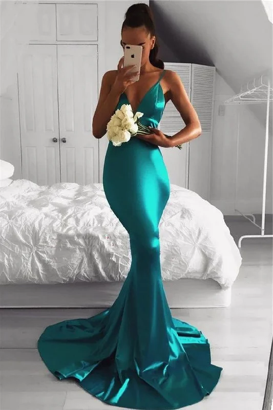 Royal Sultry Evening Dress -Sexy Jade Mermaid Sweetheart Elastic Satin Backless Long Prom Dresses C304