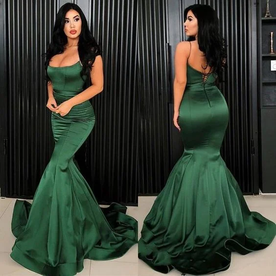 Off-Arm Soiree Evening Dress -Sexy Mermaid Emerald Satin Lace Up Back Spaghetti Straps Long Prom Dresses C277